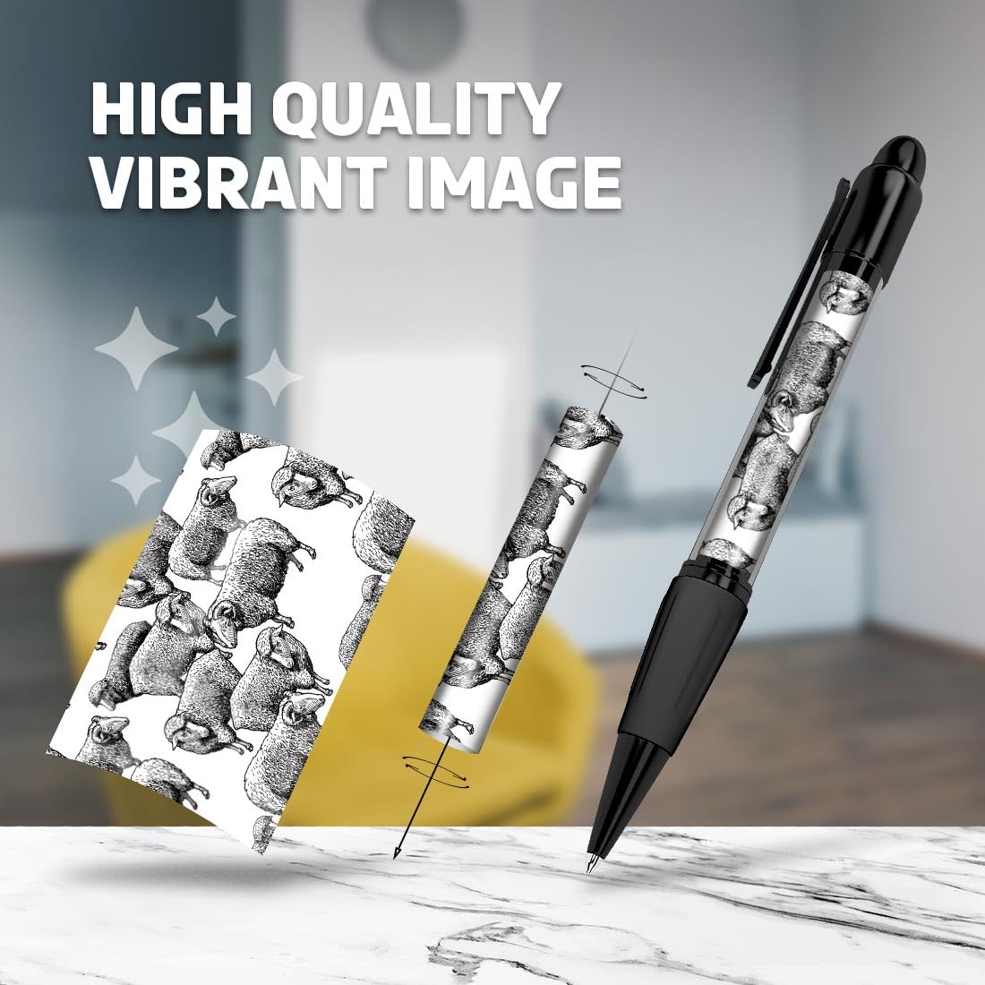 Set of 4 Black Ballpoint Pens (Photo Insert) - Sheep Pattern Farm Farmer - Soft Feel Finger Grip #170869, 1 count (Pack of 4) - Image 2