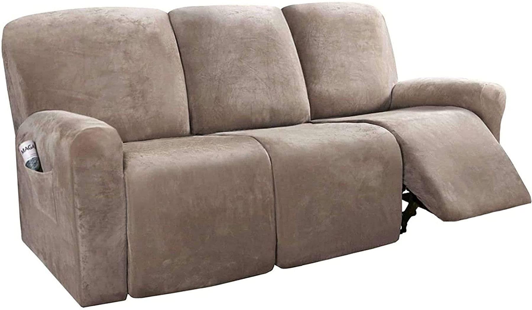 Stretch Velvet Recliner Couch Covers 3 Seat, 8-Piece with Pocket Lazy boy Reclining Sofa slipcover Non Slip Armchair Covers for Kids-Taupe-3 Seat