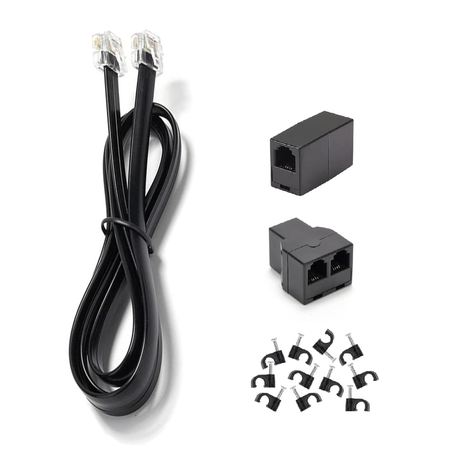 Cable de extensión de teléfono largo de 6 pies, negro, cable de línea de cable de teléfono con enchufe RJ11 estándar, 1 divisor de línea telefónica, acoplador de 1 en línea y 10 clips de cable para