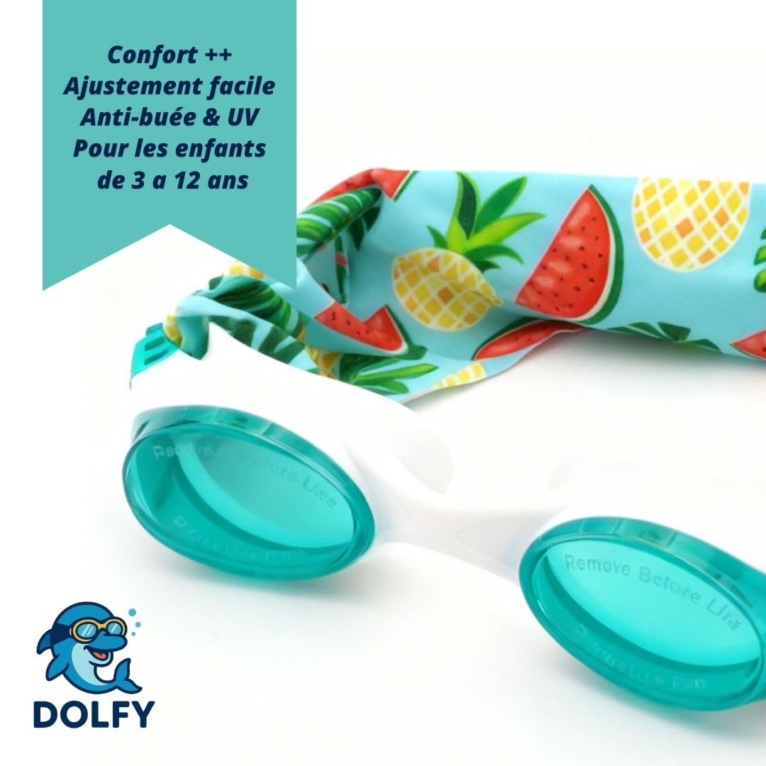 DOLFY Lunettes Piscine Enfant Fille Garçon 3-12 Ans – Lunettes Natation Enfant Étanches Anti-Buée avec Bandeau Stretch Doux qui ne Tire Pas les Cheveux – Protection UV – Piscine, Plage, Apprentissage
