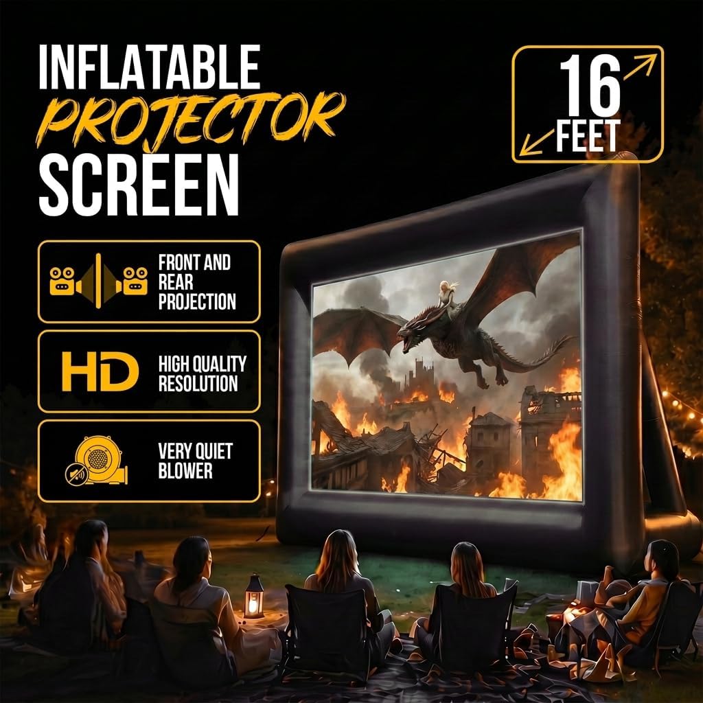 KHOMO Gear 16 ft Outdoor Projector Screen with Built-in Blower - Supports Front and Rear Projection - Includes Tie-Downs and Storage Bag - Inflatable Projector