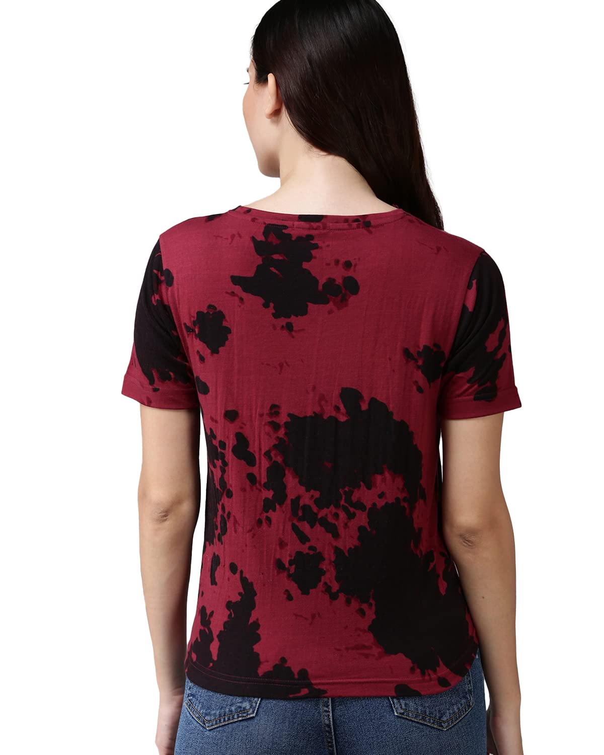 JUNEBERRY® Cotton Blend Regular Fit Half Sleeves Round Neck Tie & Dye T-Shirt for Women (Maroon) 2