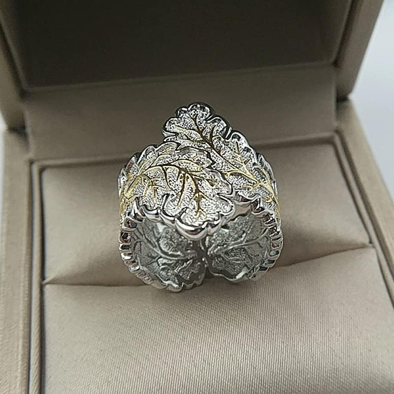 Retro Two-Color Leaf Grain Vine Leaf Flower Wedding Anniversary Statement Band Ring Court-Style Eternity Ring for Women(10