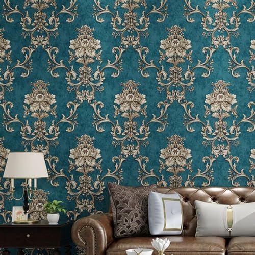 ヨーロッパダマスカス はがせる カッティングシート ふすま紙 賃貸ワードローブリメイク/キッチン/リビングルーム/台所用 1花 シール 青いダマスカス のり付き 花柄 クロス おしゃれ 壁 アンティーク クラシック おしゃれ (53cm*5m,14花)