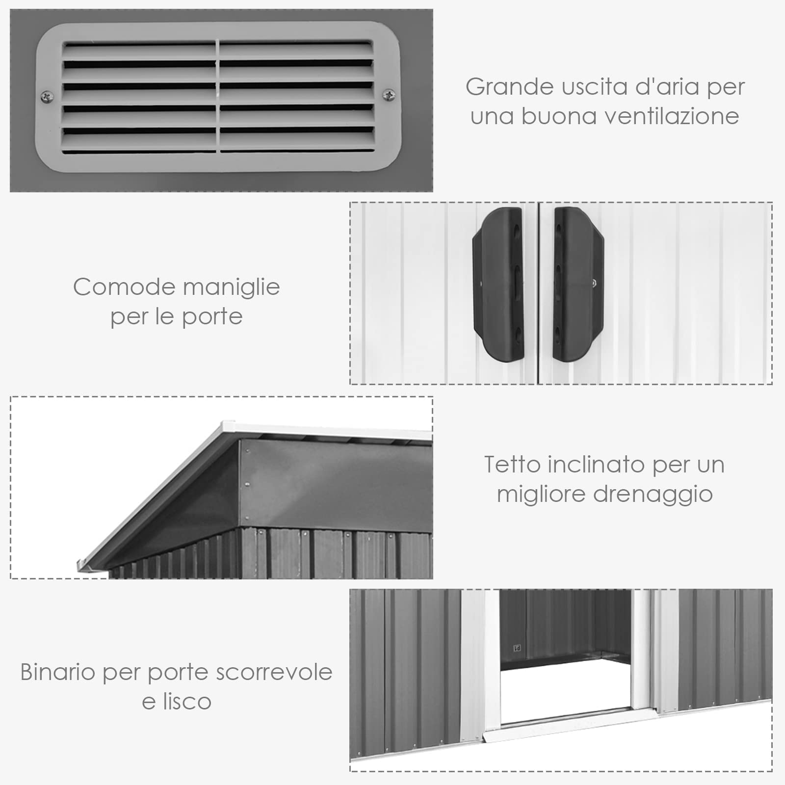 RELAX4LIFE Casetta da Giardino 3,12 m² 5 m³, in Lamiera d'Acciaio e e Lamiera Zincata con2 Porte Scorrevoli, Tetto Inclinato, per Porta Attrezzi, Tosaerba 238×131×160cm