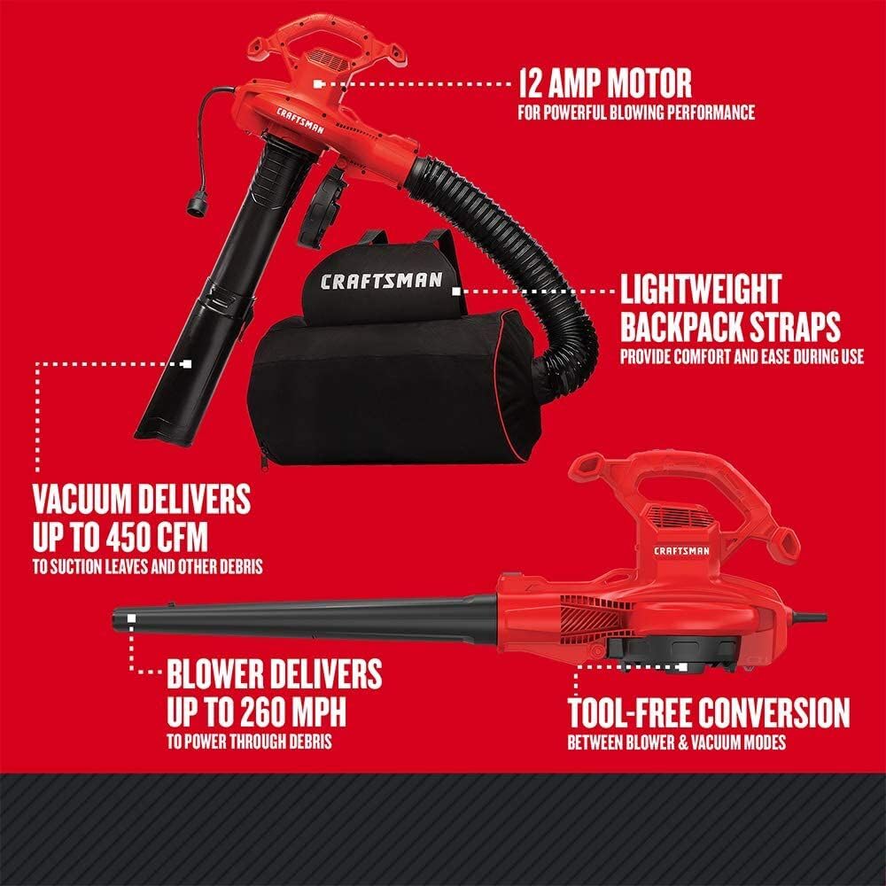 CRAFTSMAN Soplador de Hojas 3 en 1, aspiradora de Hojas y triturador, hasta 260 mph, 12 amperios, eléctrico con Cable (CMEBL7000)