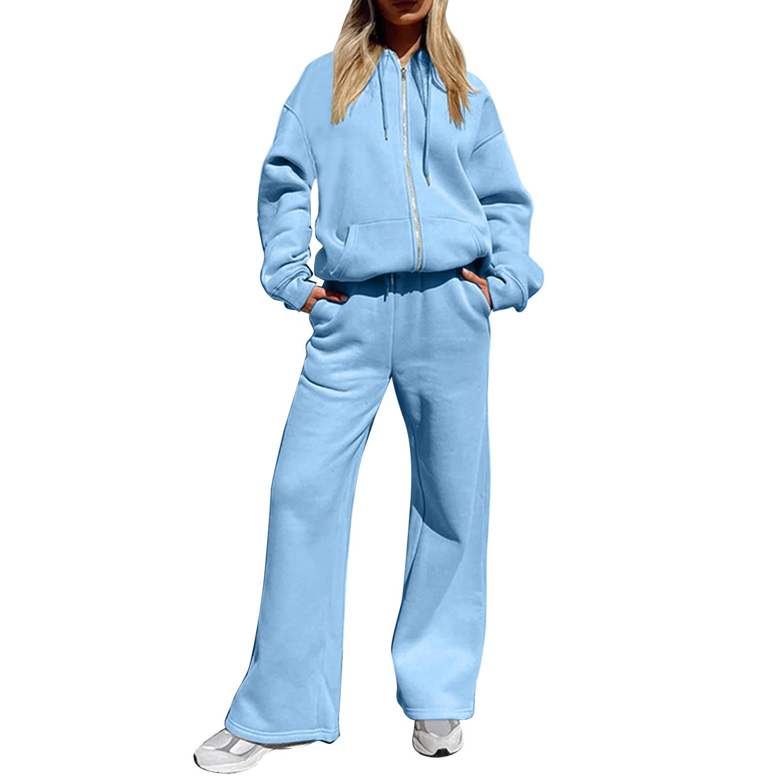 Tuta da corsa invernale da donna, con fodera interna in pile, tuta da jogging in due pezzi con coulisse, tasche, tuta da jogging a maniche lunghe, chiusura lampo, felpa con cappuccio e