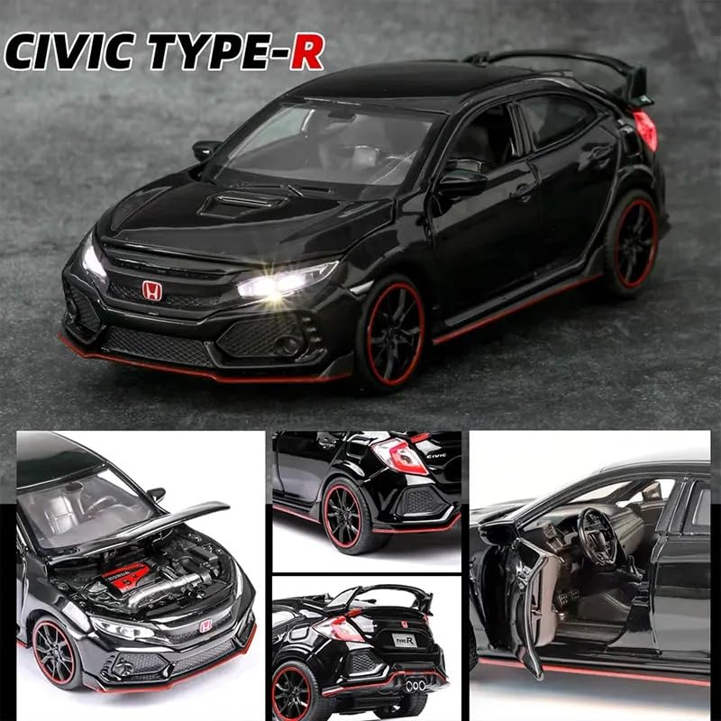 CROPDAK 🏎️ Scale Exclusive Alloy Metal Pull Back Die-cast Car Model with Sound Light Mini Auto Toy for Kids Metal Model Toy Car with Sound and Light (1.32 Scale HON-DA Civic-Black) 4