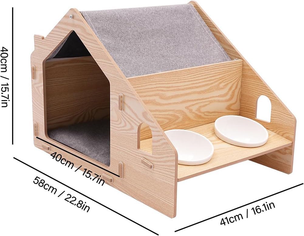 Cat House Wooden Pet House Cat Cave with Cushion and 2 Cat Bowls Apartment Stool, Cube House for Cats and Small Dogs (Wood Color)