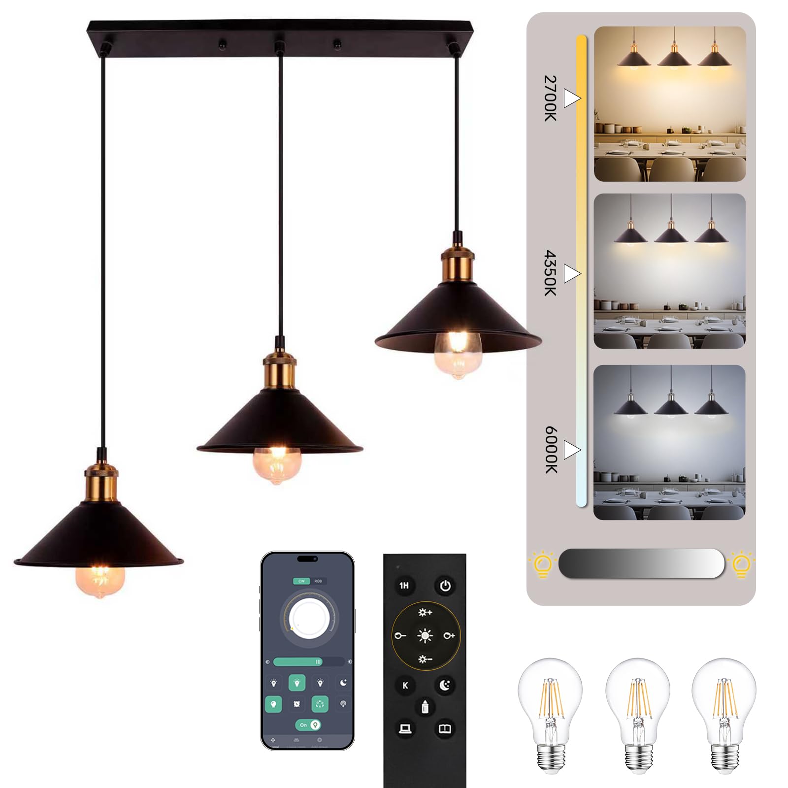 FIRVRE Lustre Suspension Vintage, Lustre Cuisine Industriel avec 3 Ampoules LED& Télécommande, Température de Couleur et Luminosité Réglables-Pour Cuisine Île Salle À Manger Café