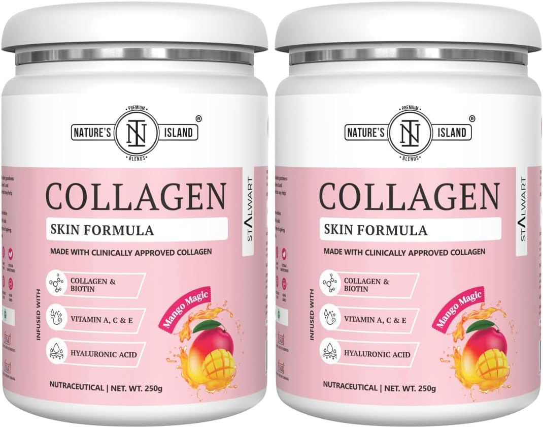 Hydrolyzed Marine Collagen for Skin, Hair supplements for men, Women with Collagen Powder, Hyaluronic Acid, Biotin & Vitamin A, C, E - 250gm (Mango Magic), 2 count, 25 servings