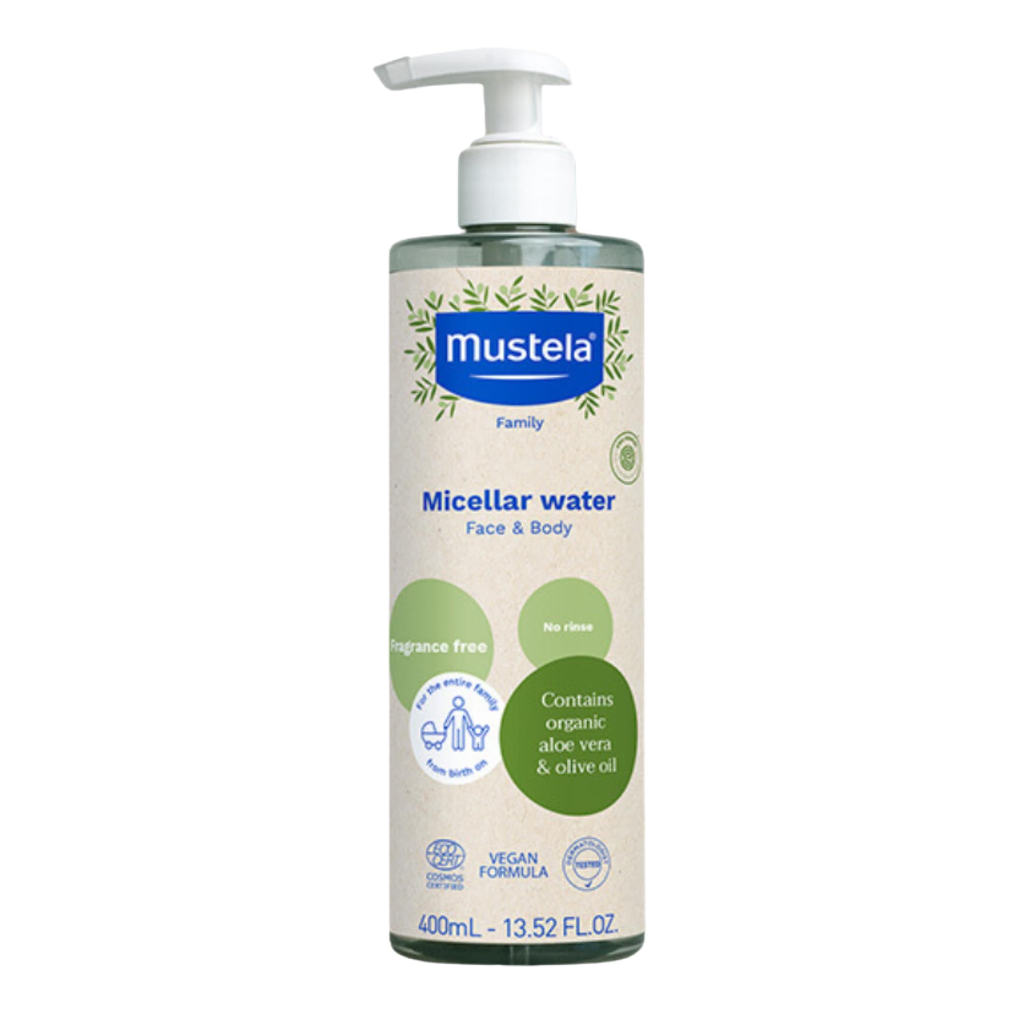 MustelaCertified Organic Micellar Cleansing Water -No-Rinse Natural Water Cleanser w/ Olive Oil & Aloe Vera - For Baby, Kid & Adult - Fragrance Free, EWG Verified & Vegan -13.5 oz-Packaging may varyEWG Verified