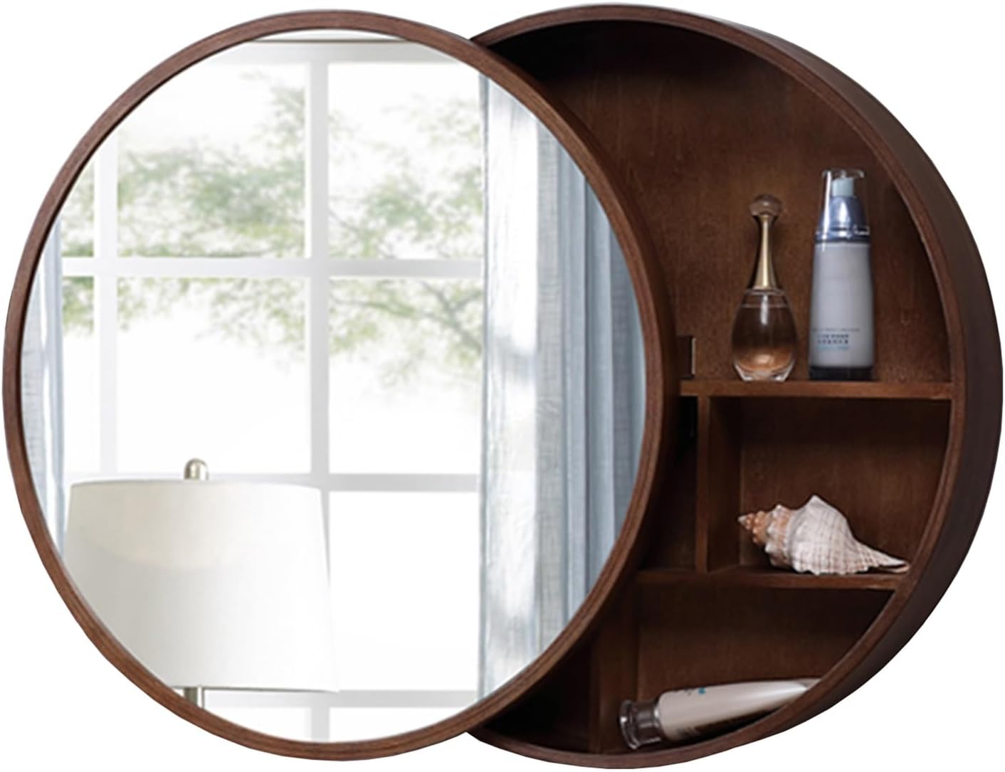 23.62 * 23.62in Round Wooden Frame Bathroom Sliding Mirror Cabinet Solid Wood Bathroom Mirror with Shelf for Storage Walnut Color(50 * 50cm(19.69 * 19.69in))