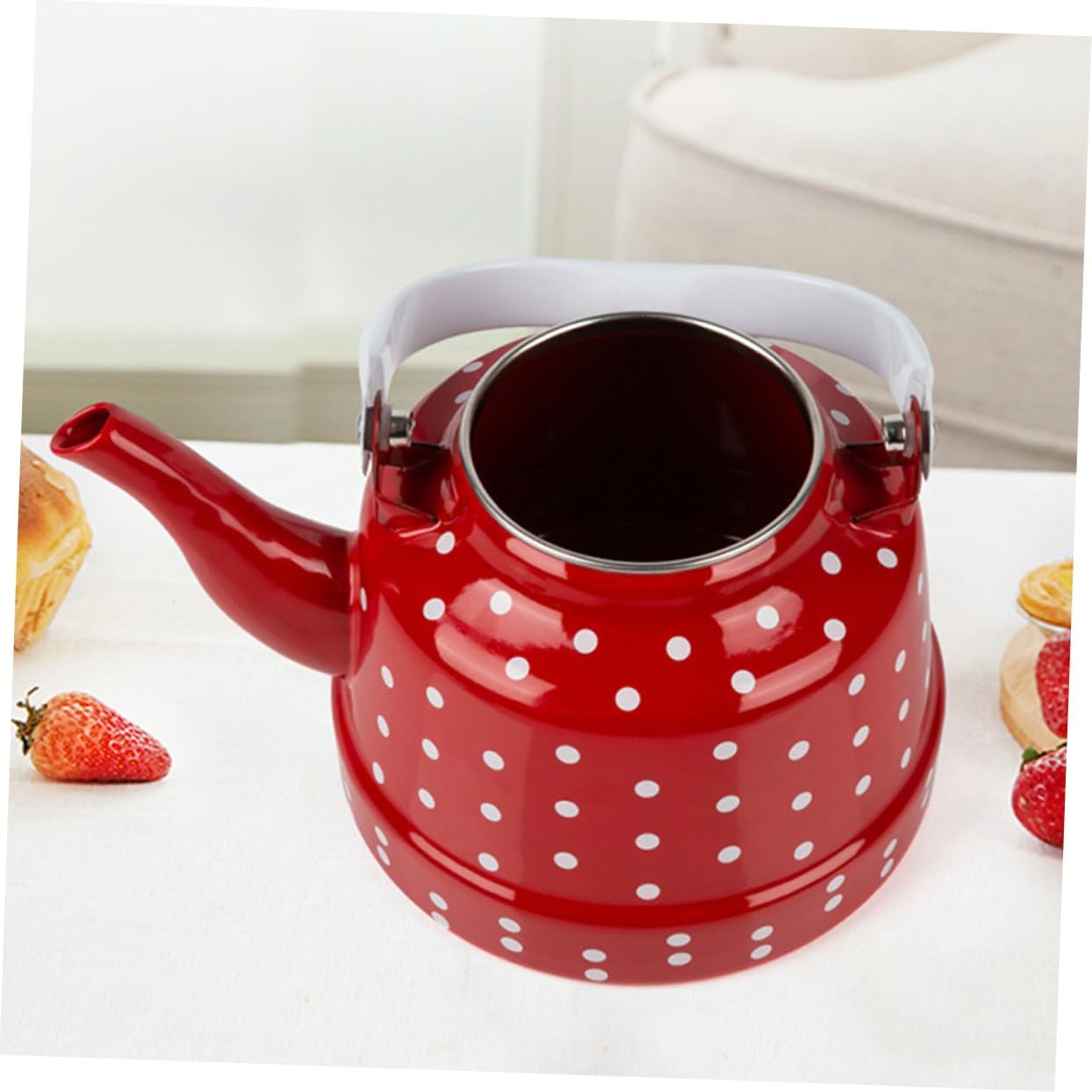 GLEAVI Red White Dot Enamel Tea Pot Whistling Stovetop Kettle Decorative Kettle for Kitchen