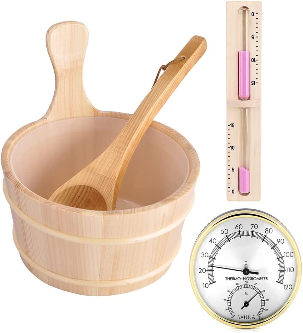 Cubo Sauna, 4 L Juego Completo Sauna Cubo Sauna con Cucharón Madera Pino Finlandés Accesorios Sauna Cubo Sauna Cubo Infusión (Cubo Sauna + Cucharón + Termómetro Higrómetro + Reloj Arena)
