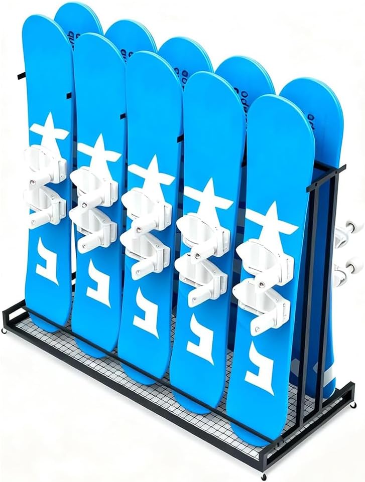 Dual Side Snowboard Storage Holder, Commercial Mobile Ski Display Stand Rack, Large Capacity Shortboard and Longboard Organizer Floor Stands, Hold 10 Snowboards, for Garage
