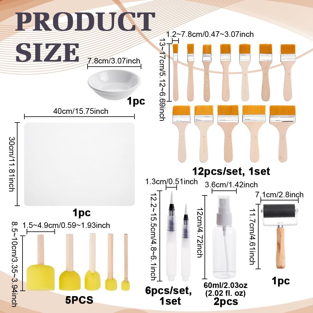 NBEADS 28 Pcs Essential Decoupage Tool Set, 5 Pcs Sponge Painting Stamps, Round Dish, 6 pcs Water Paint Brush Pens, 12 pcs Nylon Paint Brush, 2pcs Bottles, Silicone Mats for DIY Arts and Crafts