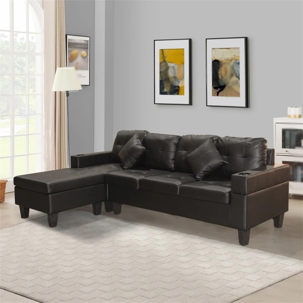 Sectional Sofa Set for Living Room with L Shape Chaise Lounge,Cup Holder and Left Or Right Hand 4 Seat Black PU