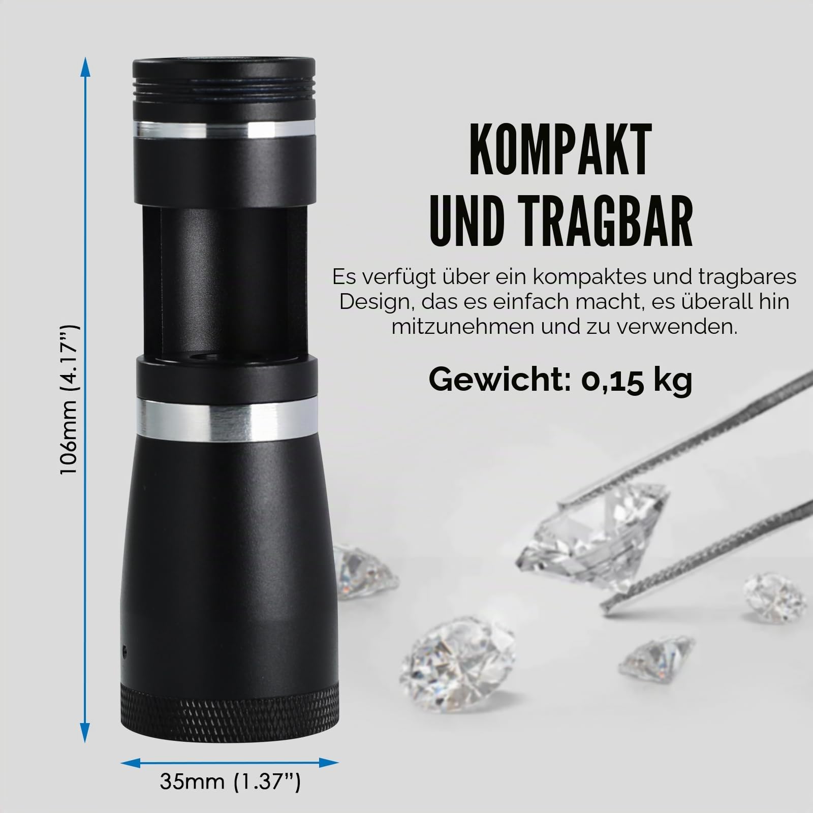 10-fache Triplettlinse, 20,5 mm Vergrößerung, Dunkelfeldlupe mit integriertem LED-Licht, kompaktes Aluminium-Design, optisches Glas, tragbares Edelstein- und Mineralinspektionswerkzeug
