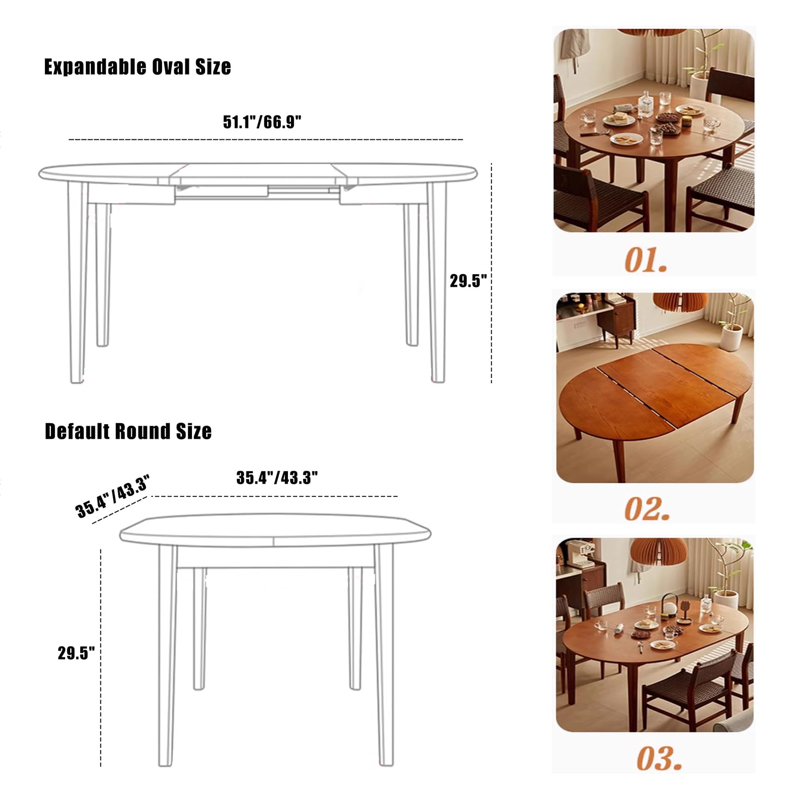 Tavolo da pranzo espandibile in legno di gomma, rotondo a ovale, 2-8 posti a sedere in legno massello moderno della metà del secolo, tavolo da cucina per sala da pranzo, soluzione creativa salvaspazio
