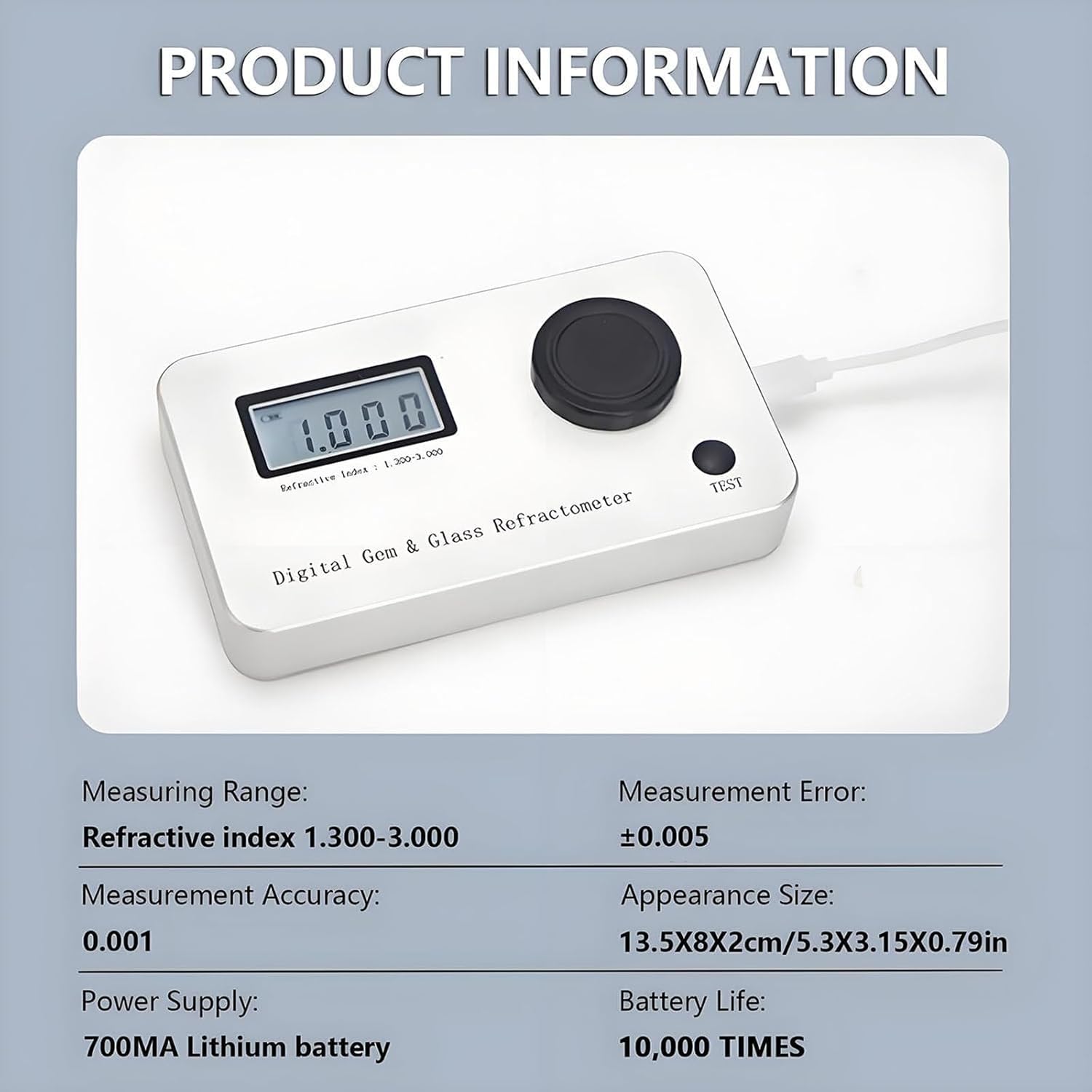 Gemstone Refractometer for Jewelry Identification, LCD Display, Refractive Index 1.300-3.000, Perfect Tool for Gem, Silver, and Diamond Analysis