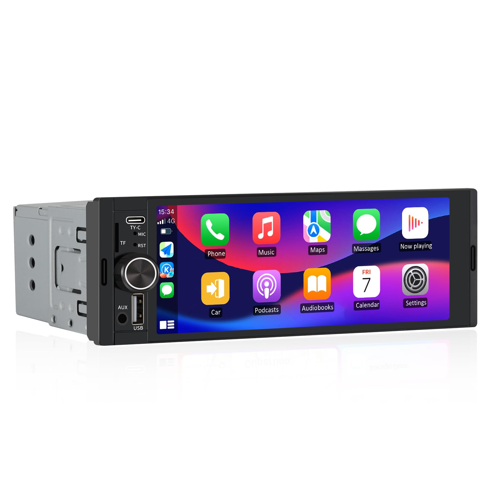 Junsun Smartes 1 DIN Autoradio mit 6,36 Zoll Touchscreen, Wired and Wireless CarPlay und Android Auto, Lenkradsteuerung, Rückfahrkamera, SD Slot USB Anschluss, externes Mikrofon