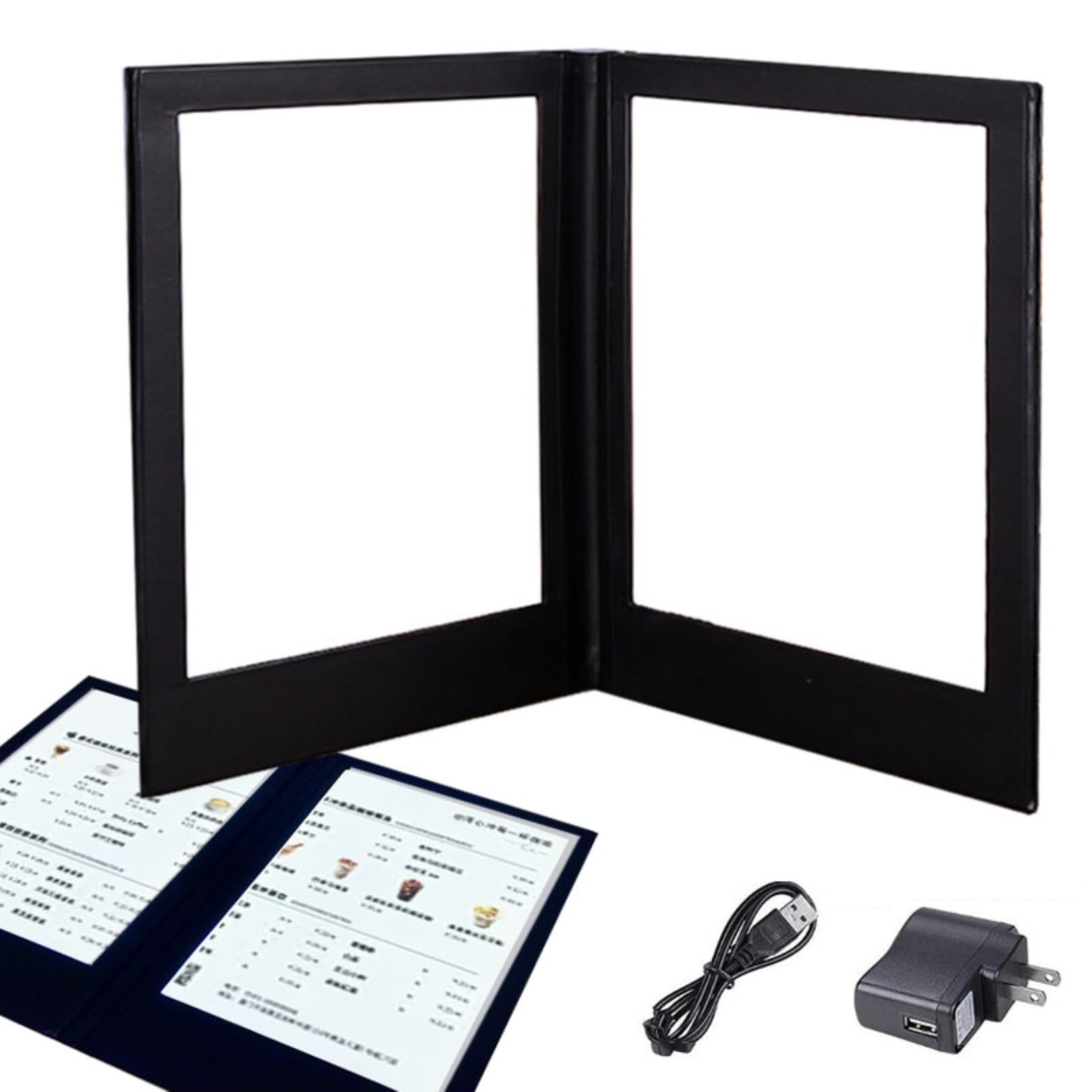 Menüdeckel für A4/A5 Menükarte, transparent, faltbar, Schwarz, mit Ledereinband, nachfüllbar, mit LED, für Cafés, Clubs, Restaurants, Seite 2 A4