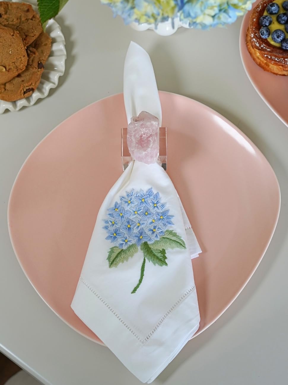 Hand Embroidered Dinner Napkins – Set of 2 (20” x 20”) – Italian Cotton with Hemstitch Trim, French Hydrangea (Light Blue)