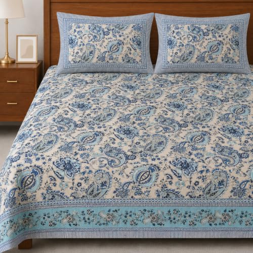 Image of ElanorHomes 240 TC Cotton Double King Size Bedsheet | Ultra-Soft & Skin-Safe | Breathable Summer Comfort | 93x108 inches with 2 Pillow Covers (Silver Breeze)