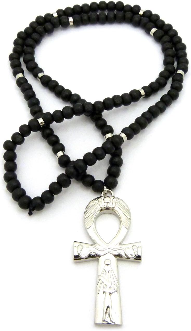 Fashion 21 Egyptian Ankh Cross Pendant 8mm 36" Wooden Necklace in Gold, Silver, Hematite Tone