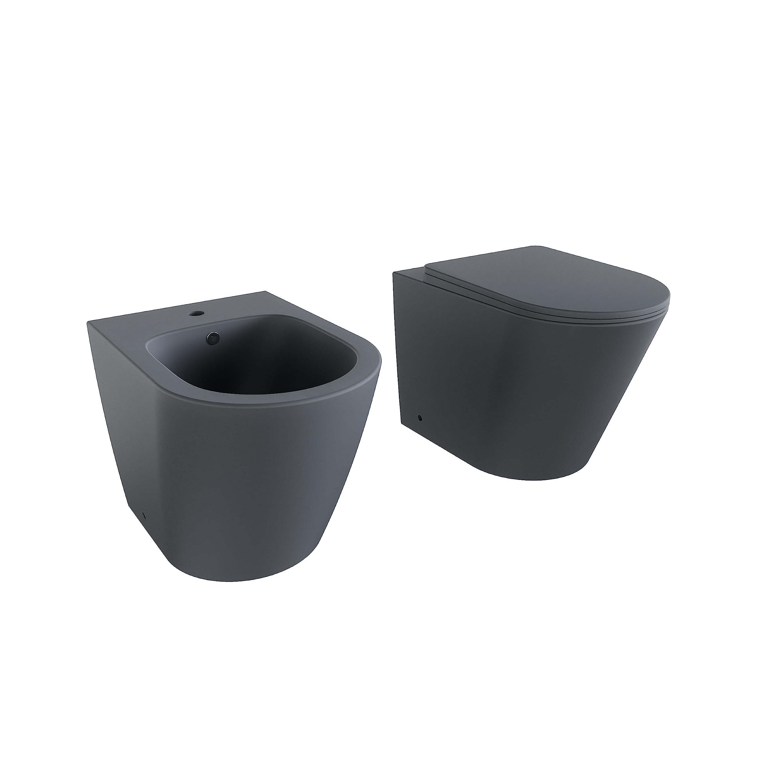 Sanitari in ceramica filomuro grigio opaco vaso rimless bidet sedile soft-close chiusura rallentata mod. Vienna