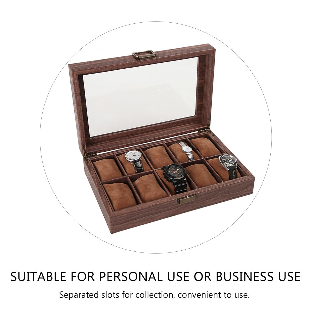 Scatola Porta Orologi 10 Scomparti in Pelle Pu Effetto Legno, Coperchio Trasparente per Facile Identificazione, per Uso Personale e Professionale