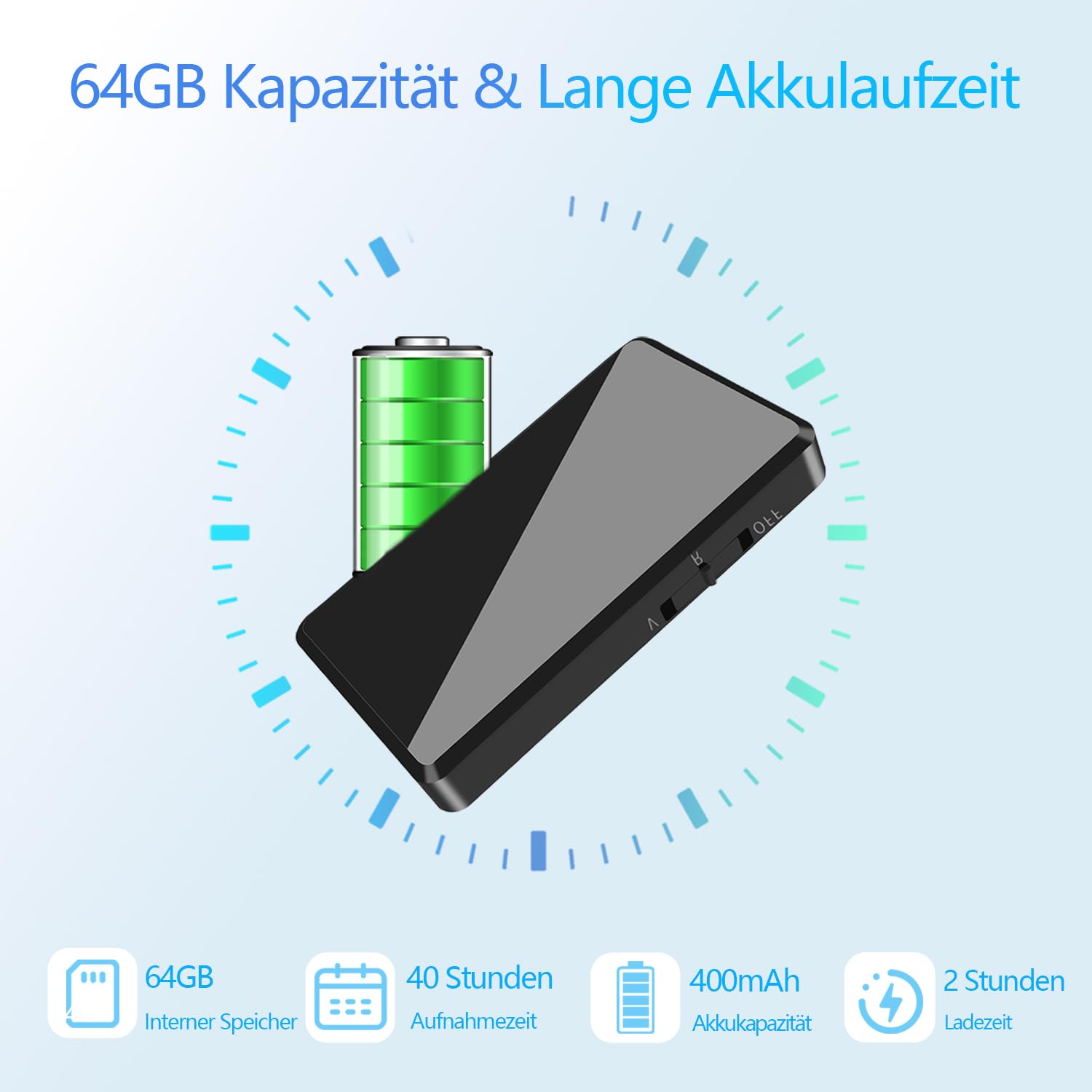 Diktiergerät Mini 64 GB - Voice-Recorder mit Sprachgesteuerter Aufnahme, Rauschunterdrückung, Audio Aufnahmegerät Mini mit Kopfhörer, Wiederaufladbarer Audiorecorder, für Auto/Meetings/Klasse/Vortrag