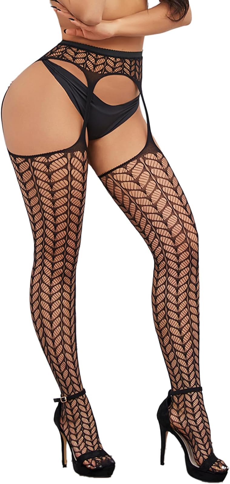 LiiYoangSuspender Patterned Tights For Women ,Black Fishnet Stockings Varied Crotchless Tights