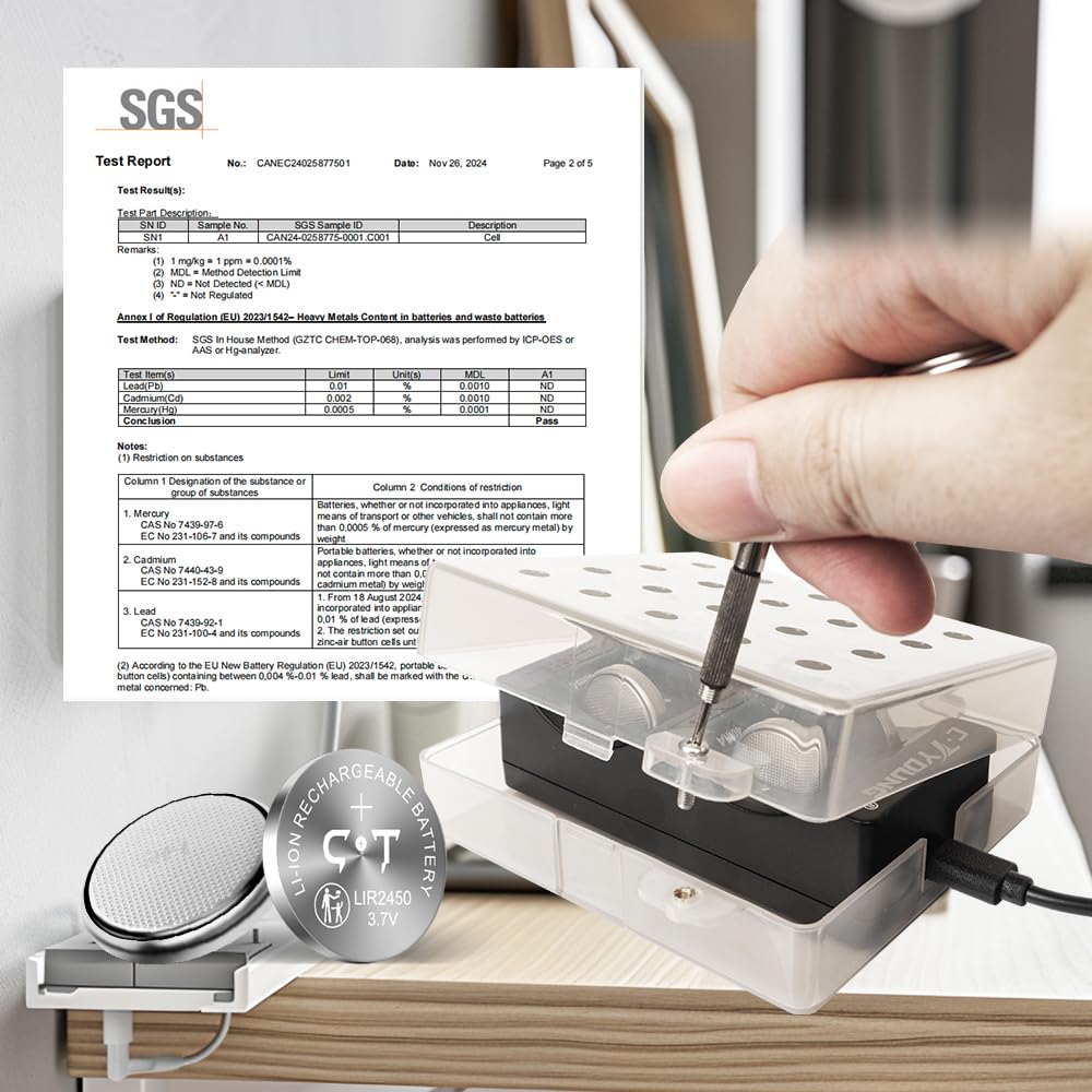 LIR2450 Lithium-Ionen-Batterien 4 Stück 3.7V wiederaufladbar mit Münzzelle-Ladegerät, das cr2450 3v ersetzt-mit Verschließbarem Aufbewahrungsbox für mehr Sicherheit