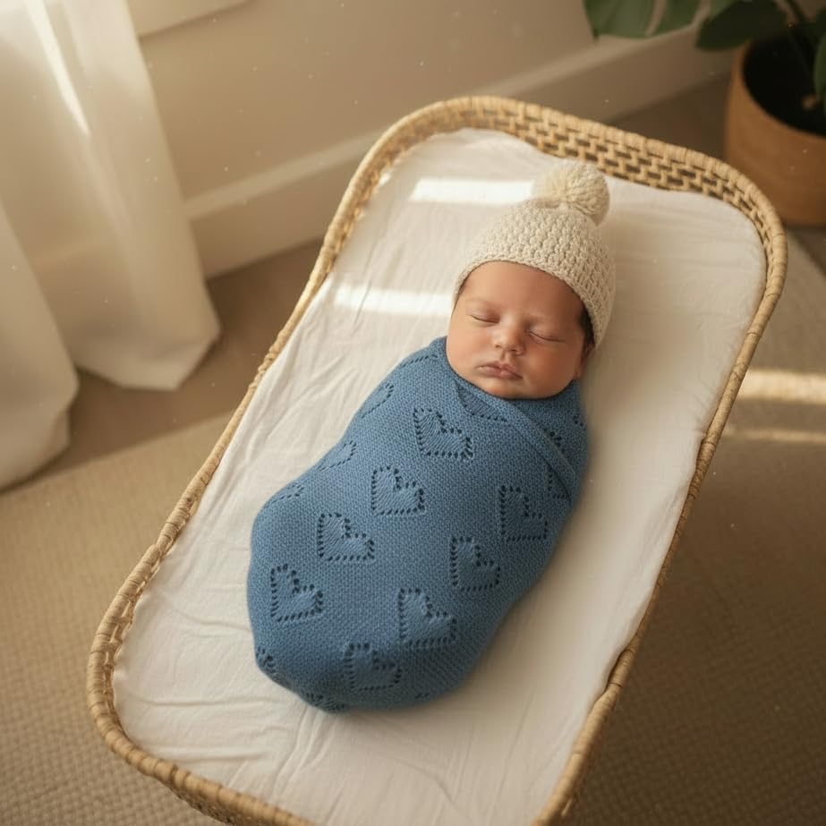 Image of Heirloom Knit Heart Receiving Unisex Blanket for Boys - 100% Luxury Cotton Baby Blanket - Soft Warm Swaddle Crib Receiving Blanket for Newborns Infants & Toddlers (Denim Blue)