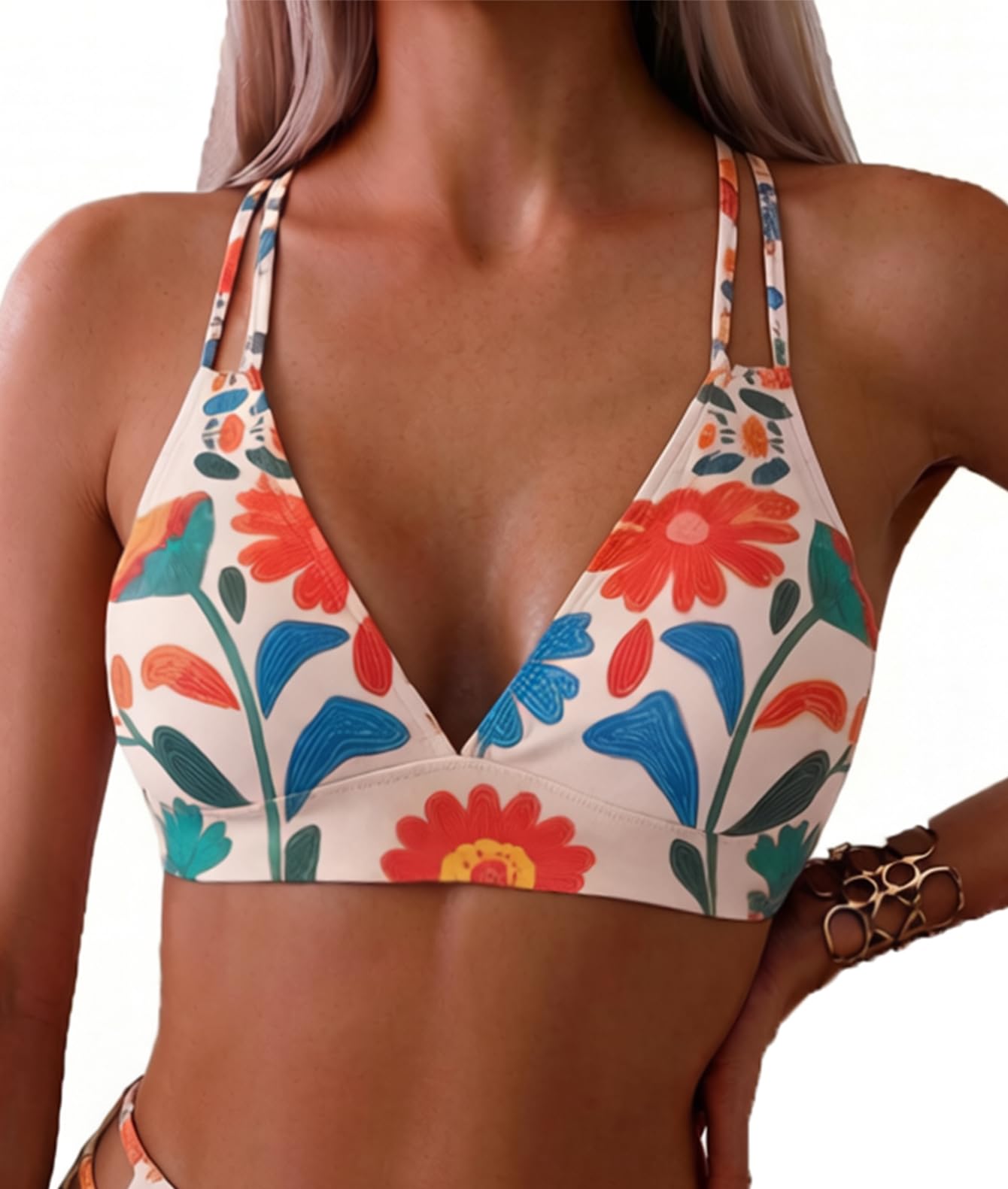 Tainehs Women's Push Up V Neck Bikini Tops Criss Cross Back Padded Bathing Suit Top Only