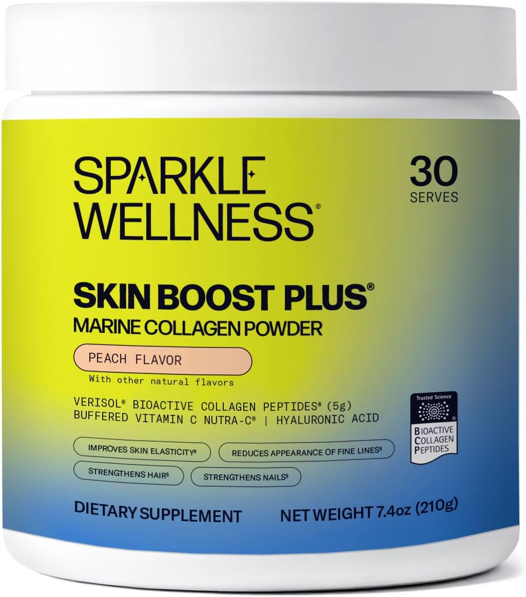 Sparkle Wellness Marine-derived VERISOL Bioactive Hydrolyzed Collagen Peptides | Collagen Powder Supplement with Vitamin C & Hyaluronic Acid | Marine Skin Boost Plus (Peach) [30-Serves]