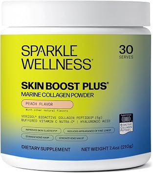 ببتيدات الكولاجين المحللة بيولوجيًا والمشتقة من Sparkle Wellness Marine | مكمل مسحوق الكولاجين مع فيتامين سي وحمض الهيالورونيك | Marine Skin Boost Plus Peach [30 وجبة]