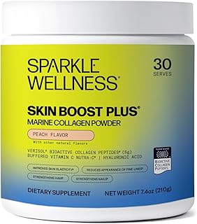 Sparkle Wellness Marine-derived VERISOL Bioactive Hydrolyzed Collagen Peptides | Collagen Powder Supplement with Vitamin C & Hyaluronic Acid | Marine Skin Boost Plus (Peach) [30-Serves]