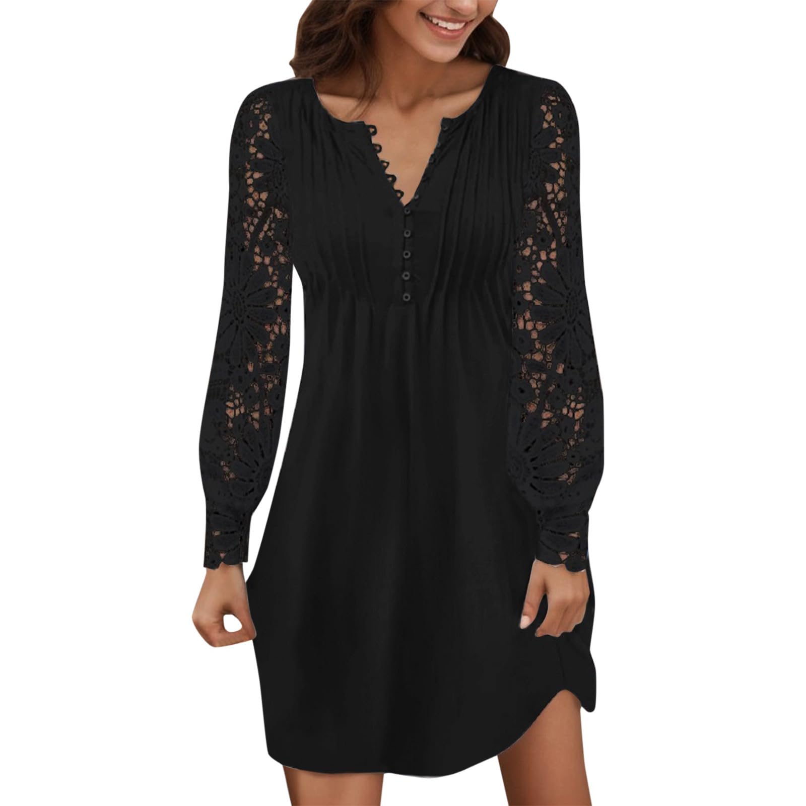 Robe De SoiréE Femme Manches Longues Dentelle Col V avec Boutons Mini Robes Chic Et Elegant Slim Fit Casual Solide Pas Cher Grande Taille pour Princesse De Promo Anniversaire Dress
