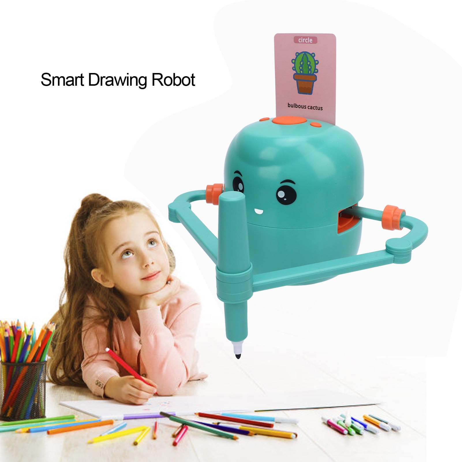 Rysowanie Robota dla Dzieci, Interaktywny Edukacyjny Inteligentny Robot z 100 Kartami Rysunkowymi i 14 Długopisami, Automatyczne Malowanie Sztuki Oświecenia (jasnozielony)