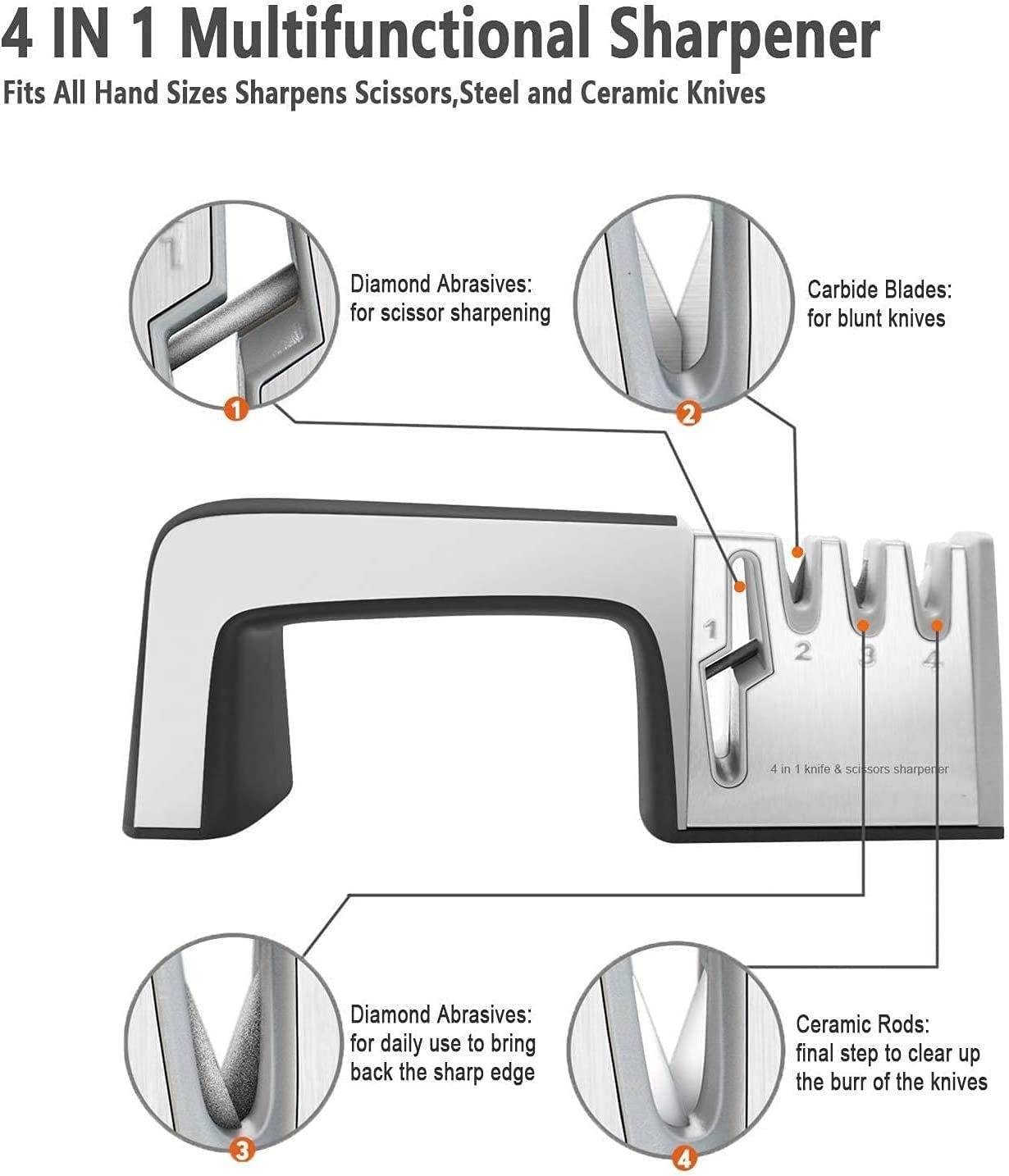 afilador de cuchillas, afiladores manuales, afiladores de cuchillos manuales, afilador de cuchillos de cocina, afiladores de tijera Kit de afilado de cuchillos manual, 4 en 1 con revestimiento de diam