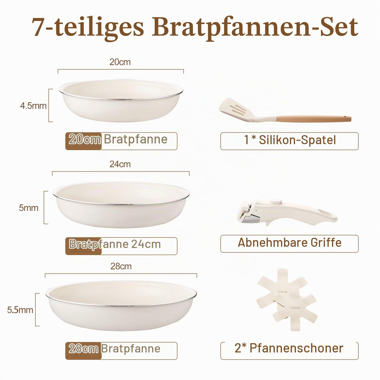Pfannenset Mit Abnehmbarem Griff, Induktionsgeeignete Keramikpfanne, Ohne PTFE Und PFOA, 7-Teiliges Pfannen Set 20/24/28 cm, Beige