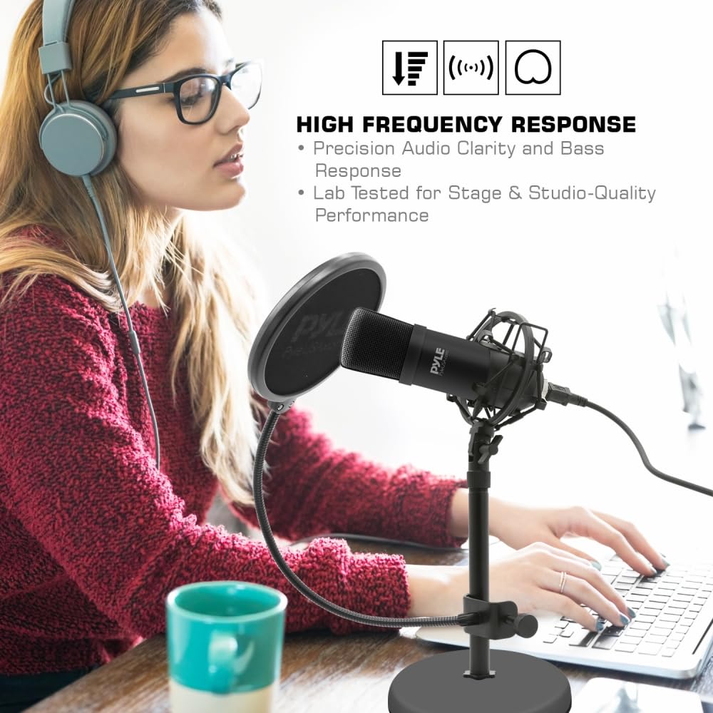 Pyle PDMIKT120 - Kit di registrazione con microfono cardioide audio con supporto da tavolo e filtro pop, per giochi PS4, streaming, podcasting, studio, Youtube, funziona con Windows Mac PC