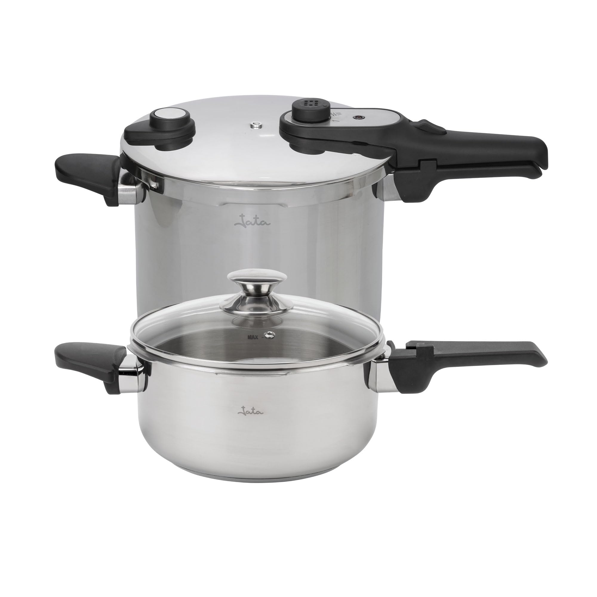 JATA HOGAR HOLL2547 - Ollas a Presión Express 4L + 7L Acero Inoxidable SUS304, Inducción, 2 Niveles de Presión, Triple Sistema de Seguridad, Tapa Cristal, Fondo Difusor