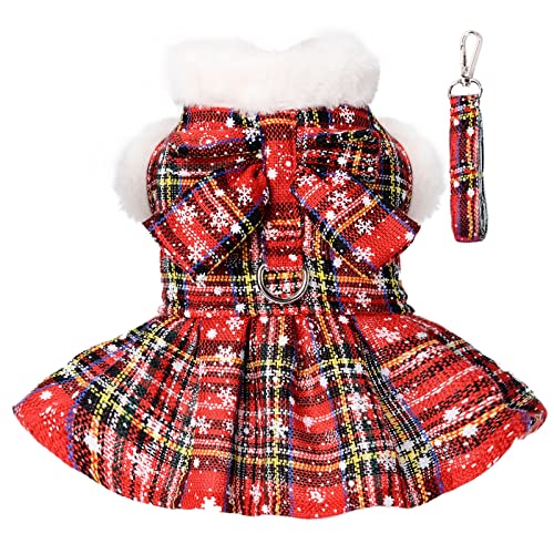 Christmas Dog Harness Dress With Leash Set Red Plaid Puppy Sweaters For Small Dogs Girl Winter Warm Pet Clothes Outfits Cute Bowknot Doggy Apparel Cat Holiday Xmas Party Costume (Medium, Red) #TOP29