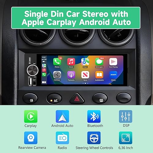 Miniatura 2 de Estéreo de coche de un solo DIN, CarPlay de 6.36 pulgadas y radio con pantalla táctil IPS Android Auto con Bluetooth con cámara de respaldo,