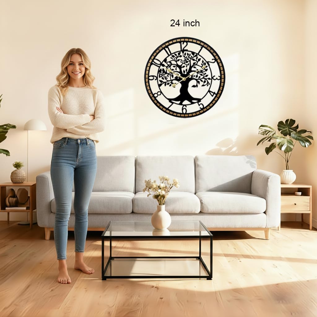 Large Wall Clock for Living Room Decor 24 Inch Tree of Life Metal Wall Art, Non-Ticking Battery Operated Metal Black with Solid Wood Frame for Office/Bedroom/Kitchen/Dining Room Decoration