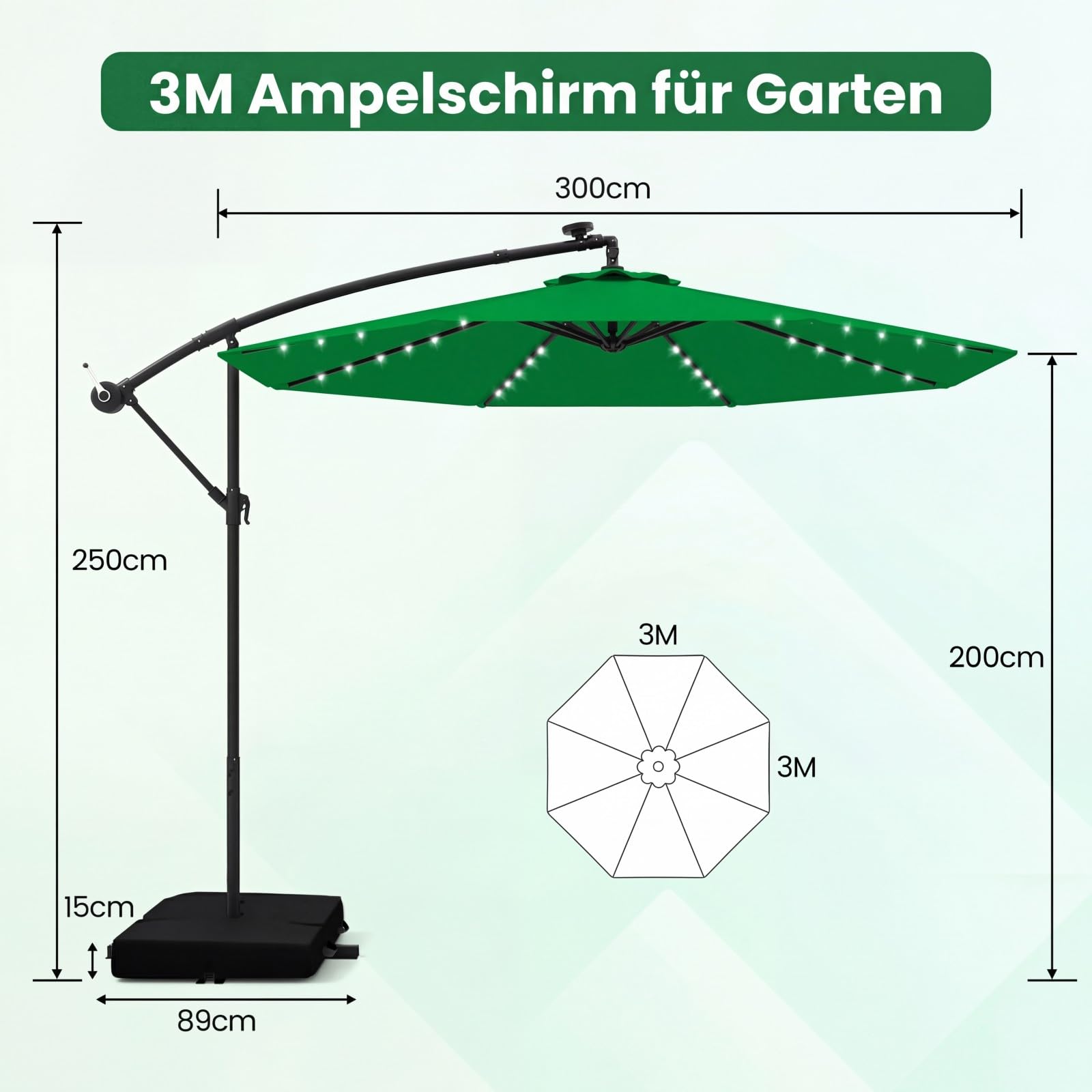 COSTWAY Parasol przeciwsłoneczny 300 cm ze stojakiem i diodami LED, parasol przeciwsłoneczny z korbą, parasol ogrodowy, ochrona przed promieniowaniem UV, parasol na taras, do ogrodu, na basen, taras